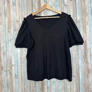 Talbots Plus X 0X Black Ruffle Shoulder Puff Sleeve Voop Neck Tee Shirt Knit Top